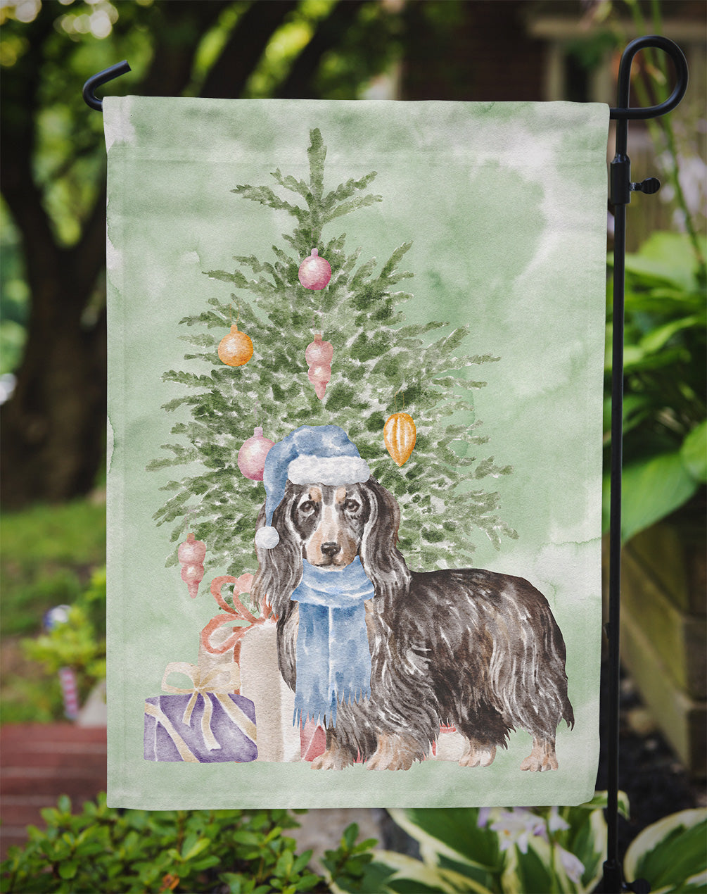 Dachshund Longhair Black Tan Christmas Presents and Tree Garden Flag Mailbox Decorative Yard Banner Outside Patio Artwork for Flower Beds, Garden Size, Multicolor