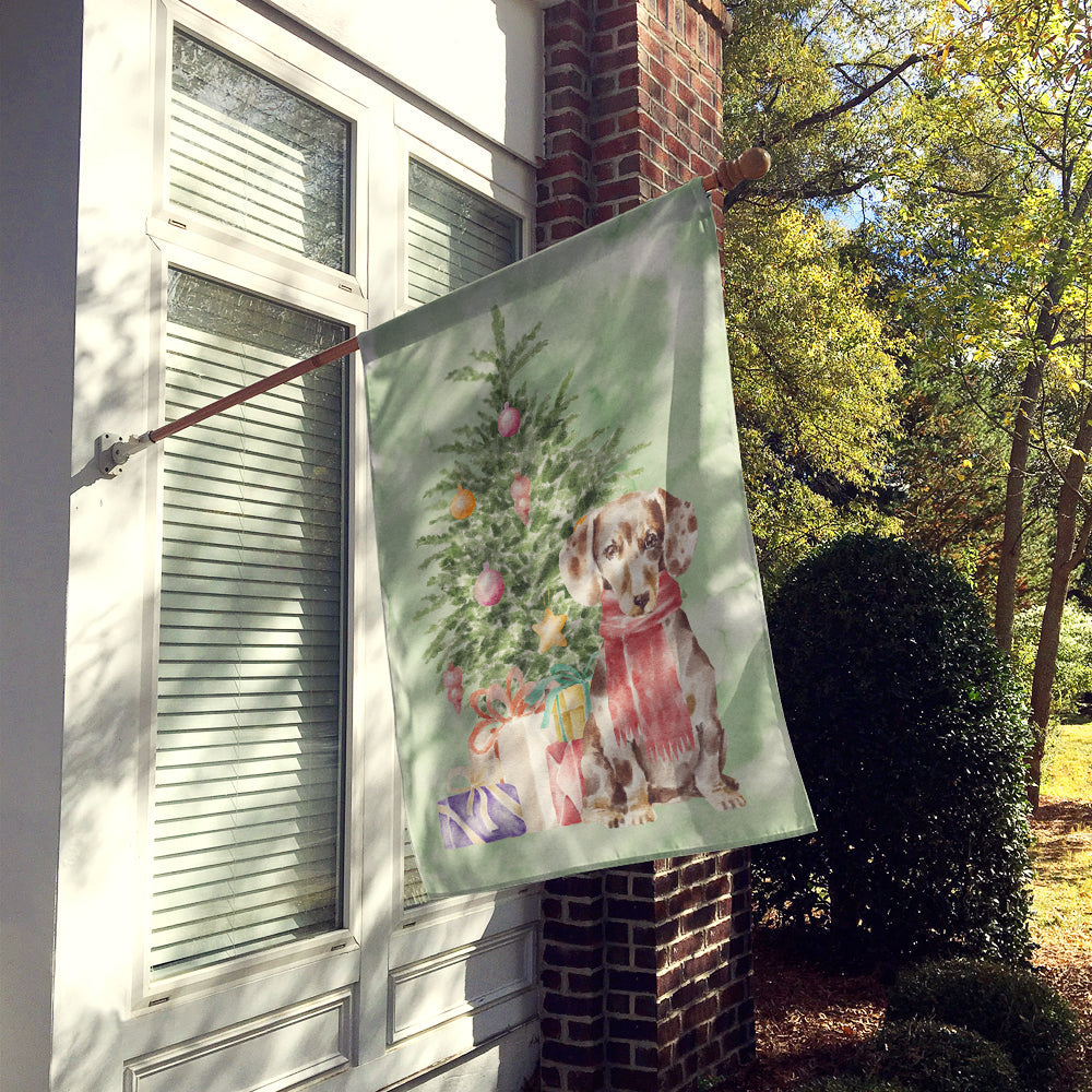 Dachshund Chocolate Piebald Dapple Christmas Presents and Tree House Flag 28x40 Porch Sleeve Pole Decorative Outside Yard Banner Artwork Wall Hanging, Polyester