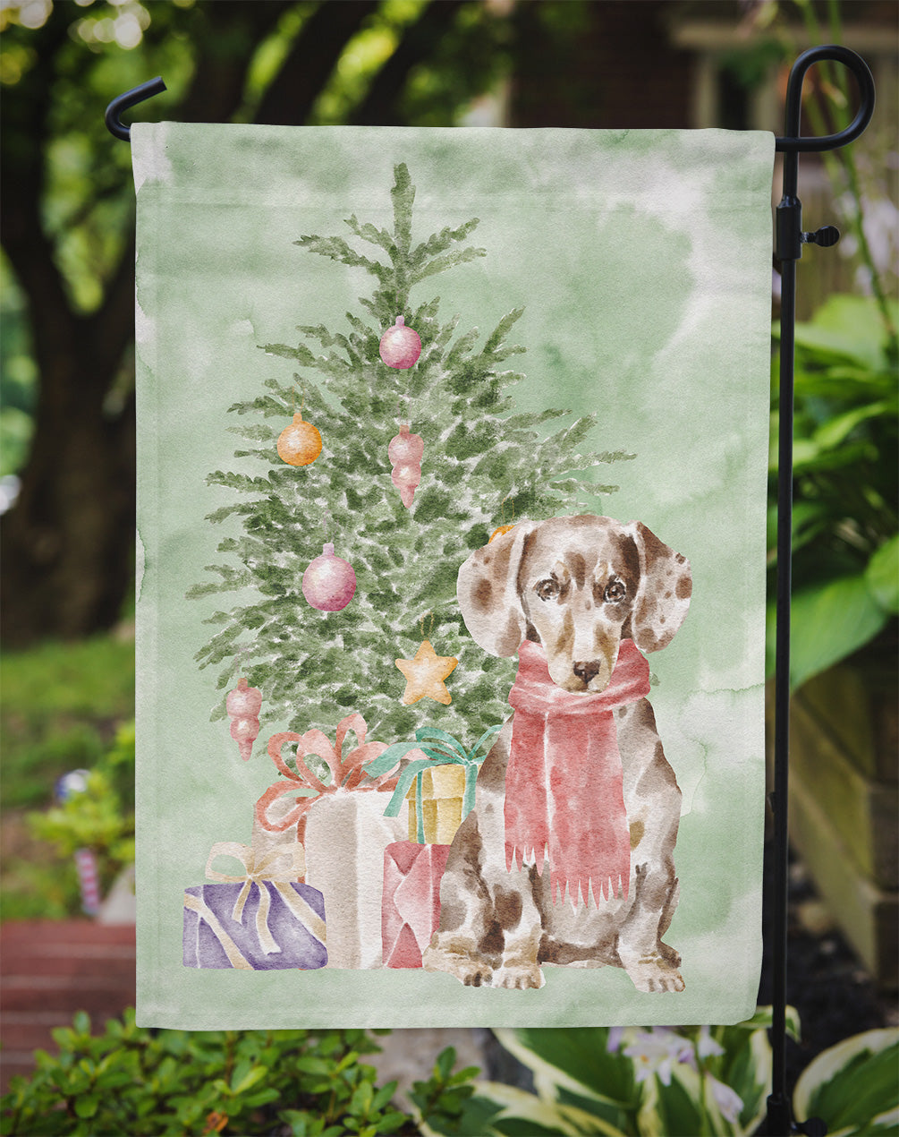 Dachshund Chocolate Piebald Dapple  Christmas Presents and Tree Garden Flag Mailbox Decorative Yard Banner Outside Patio Artwork for Flower Beds, Garden Size, Multicolor