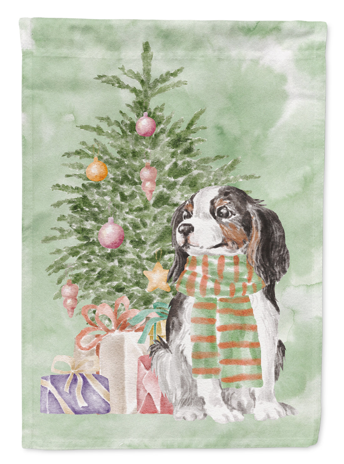 Cavalier Spaniel Tricolor Christmas Presents and Tree House Flag 28x40 Porch Sleeve Pole Decorative Outside Yard Banner Artwork Wall Hanging, Polyester
