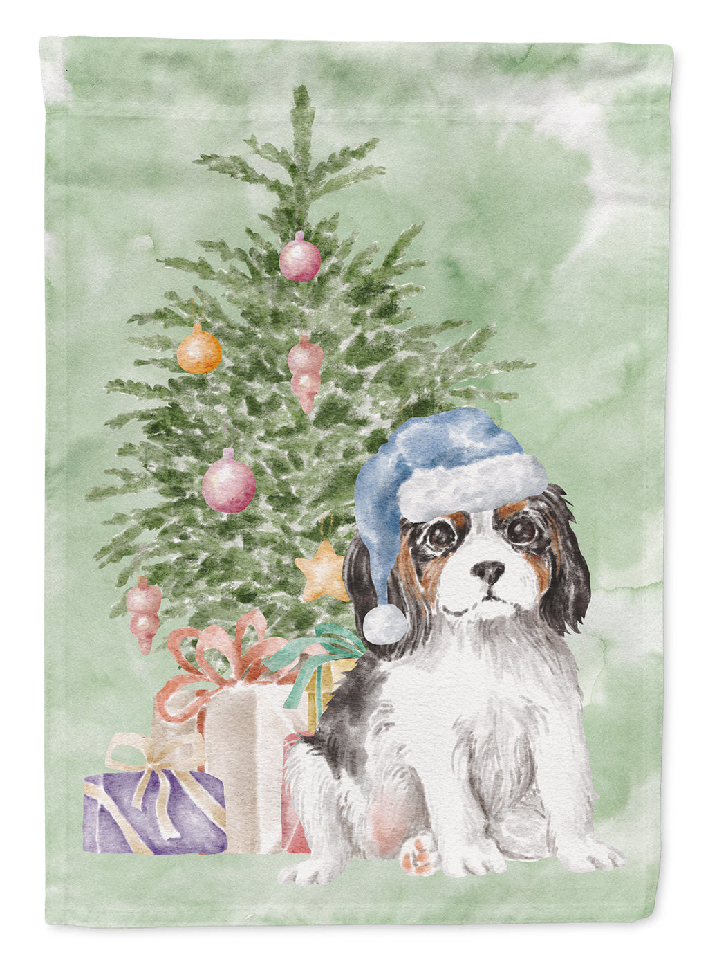 Cavalier Spaniel Tricolor Puppy Christmas Presents and Tree House Flag 28x40 Porch Sleeve Pole Decorative Outside Yard Banner Artwork Wall Hanging, Polyester