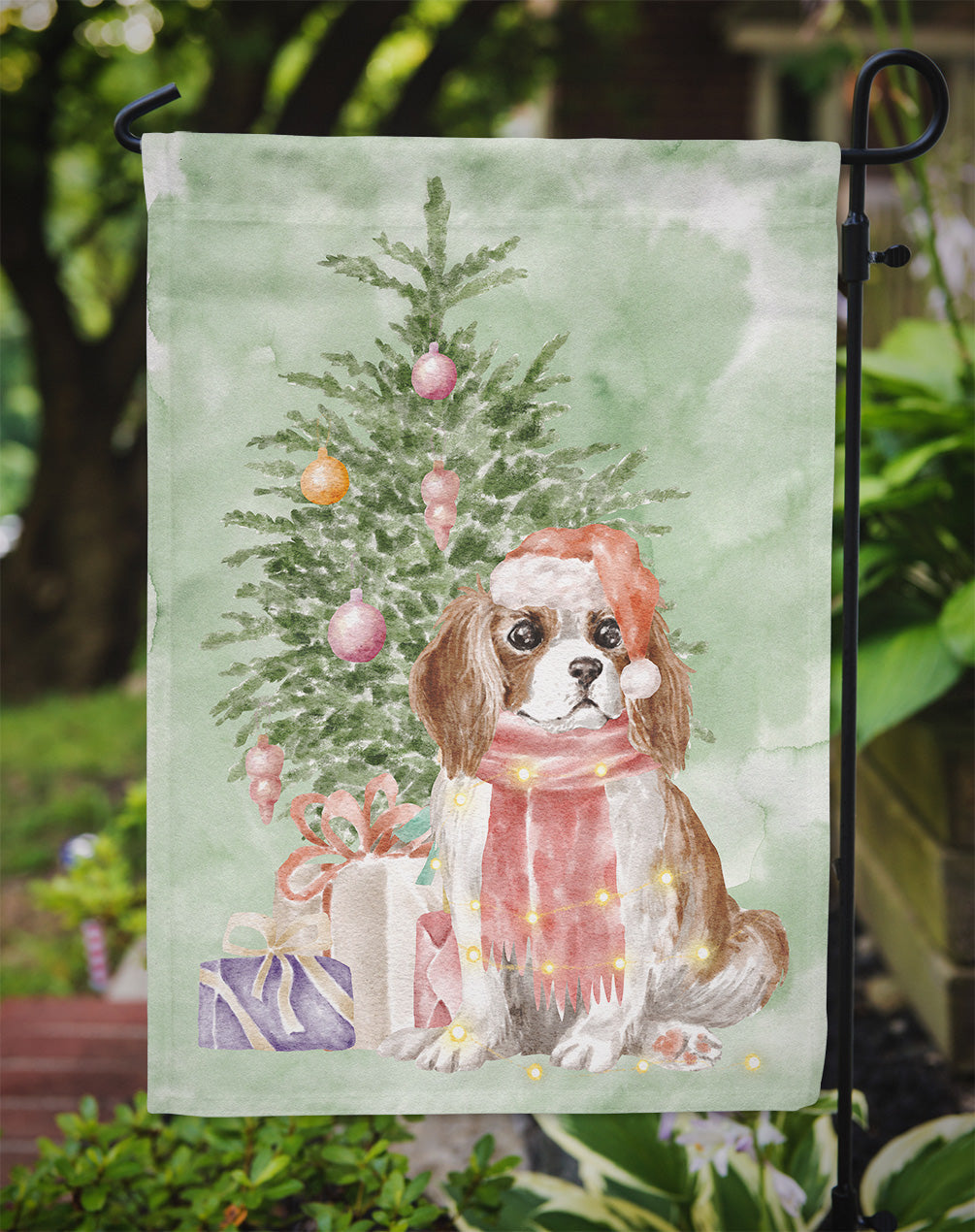 Cavalier Spaniel Tricolor Blenheim Puppy Christmas Presents and Tree Garden Flag Mailbox Decorative Yard Banner Outside Patio Artwork for Flower Beds, Garden Size, Multicolor