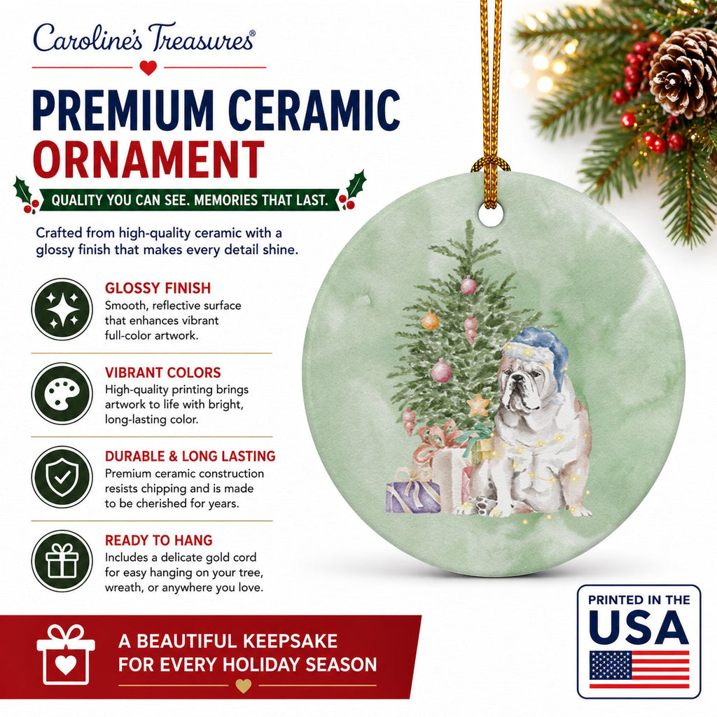 Bulldog, English Bulldog Christmas Presents and Tree Ceramic Ornament Christmas Tree Hanging Decorations for Home Christmas Holiday, Party, Gift, 3 in, Multicolor