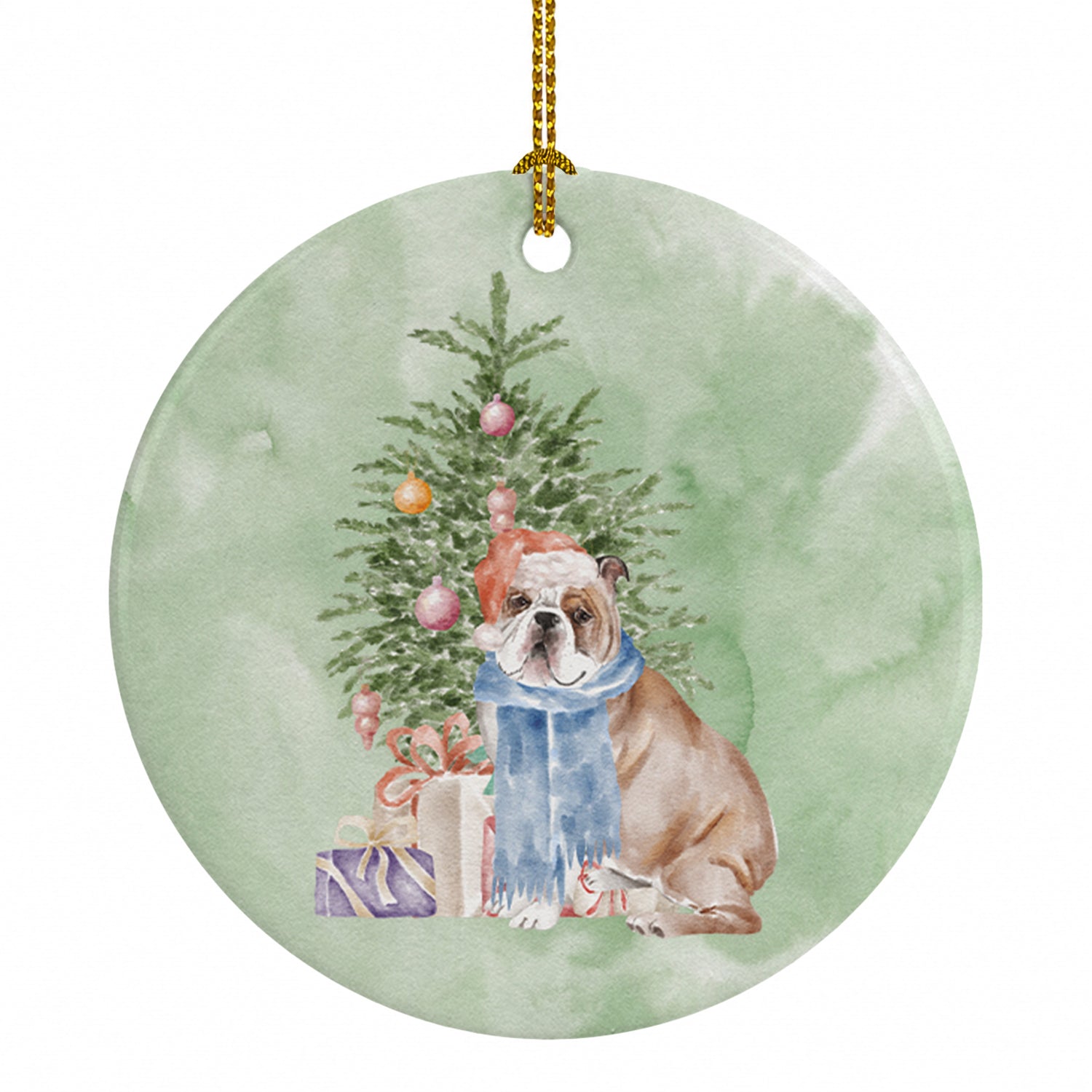 Bulldog, English Bulldog #2 Christmas Presents and Tree Ceramic Ornament Christmas Tree Hanging Decorations for Home Christmas Holiday, Party, Gift, 3 in, Multicolor