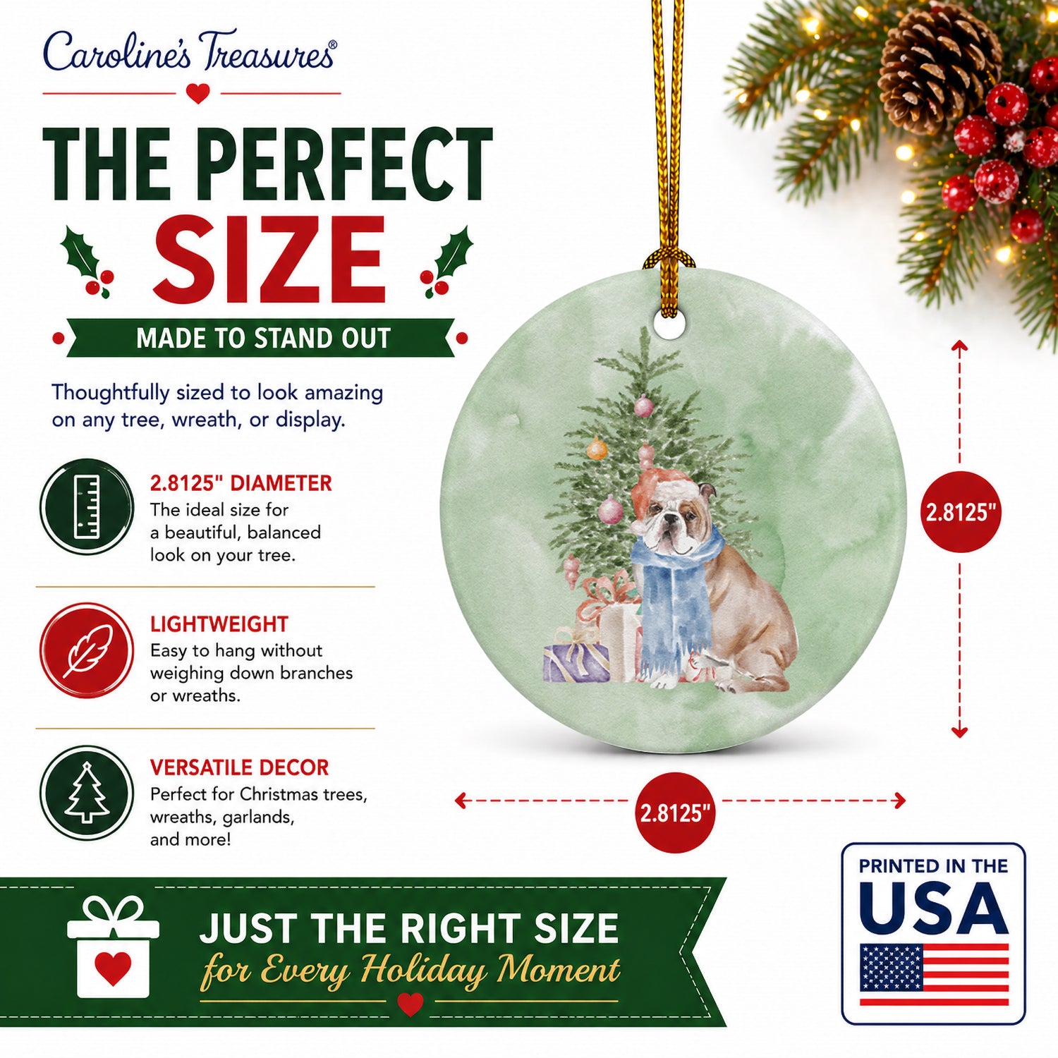 Bulldog, English Bulldog #2 Christmas Presents and Tree Ceramic Ornament Christmas Tree Hanging Decorations for Home Christmas Holiday, Party, Gift, 3 in, Multicolor