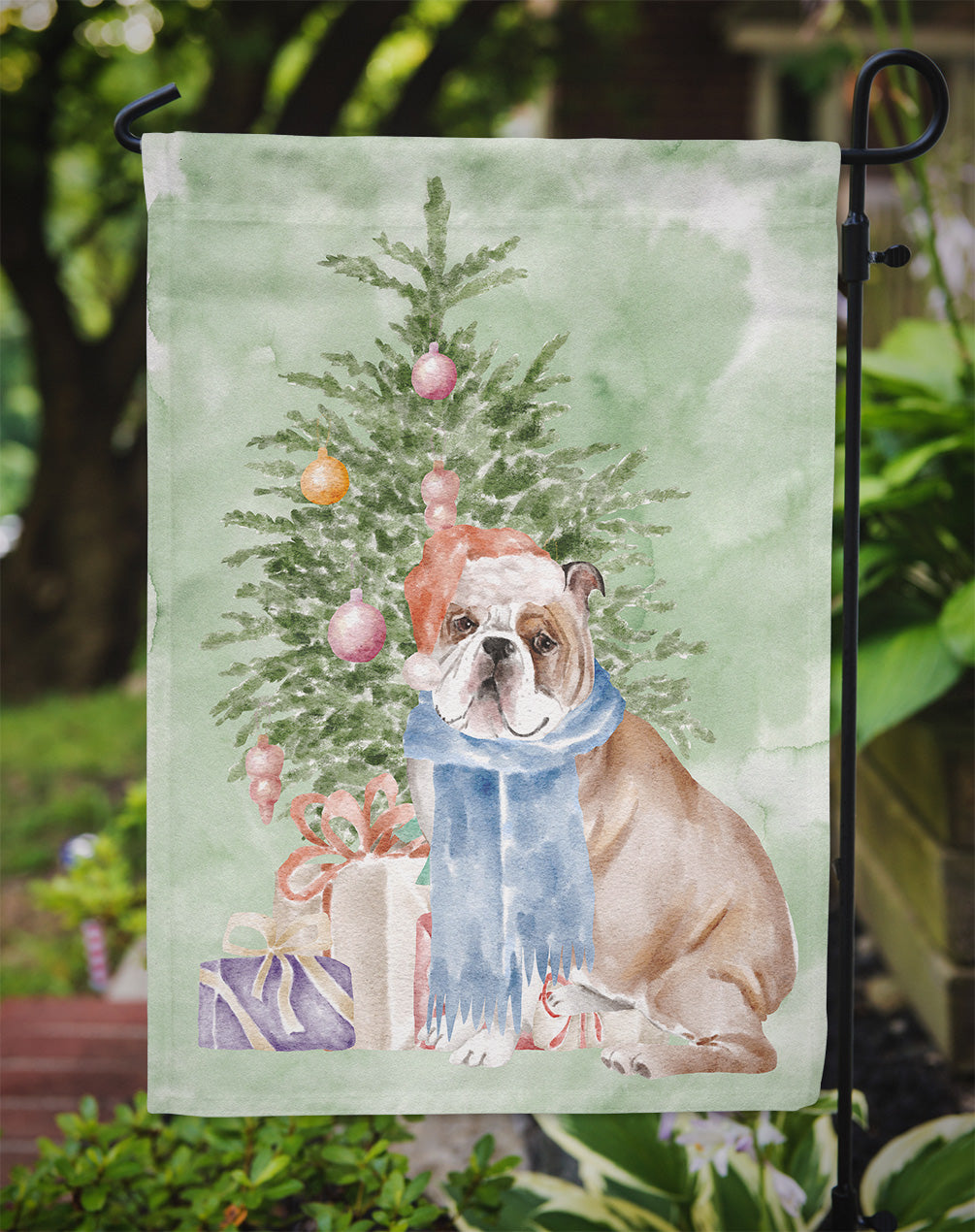 Bulldog, English Bulldog #2 Christmas Presents and Tree Garden Flag Mailbox Decorative Yard Banner Outside Patio Artwork for Flower Beds, Garden Size, Multicolor