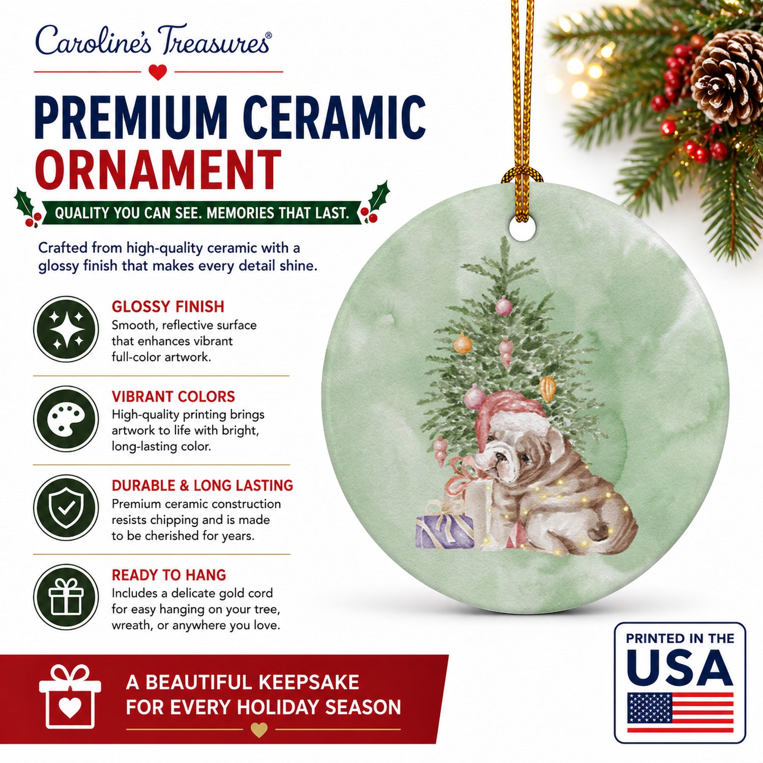 Bulldog, English Bulldog Puppy Christmas Presents and Tree Ceramic Ornament Christmas Tree Hanging Decorations for Home Christmas Holiday, Party, Gift, 3 in, Multicolor