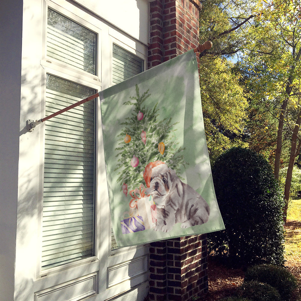 Bulldog, English Bulldog Puppy #2 Christmas Presents and Tree House Flag 28x40 Porch Sleeve Pole Decorative Outside Yard Banner Artwork Wall Hanging, Polyester