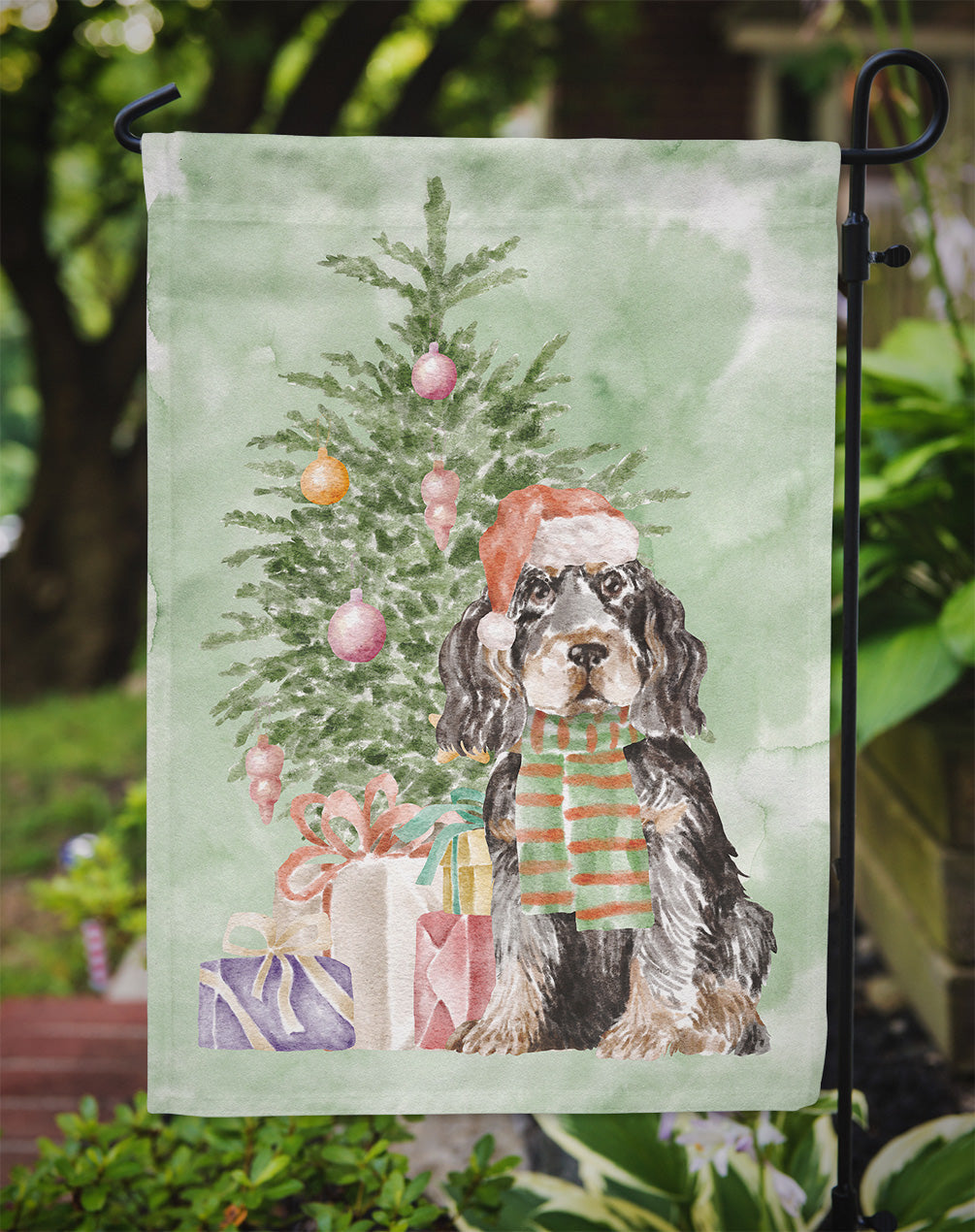Cocker Spaniel English Black Tan Christmas Presents and Tree Garden Flag Mailbox Decorative Yard Banner Outside Patio Artwork for Flower Beds, Garden Size, Multicolor