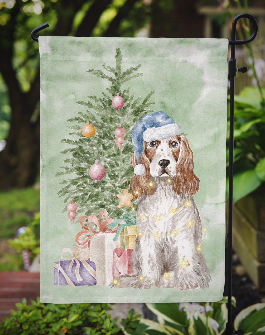 Cocker Spaniel English Red White Christmas Presents and Tree Garden Flag Mailbox Decorative Yard Banner Outside Patio Artwork for Flower Beds, Garden Size, Multicolor