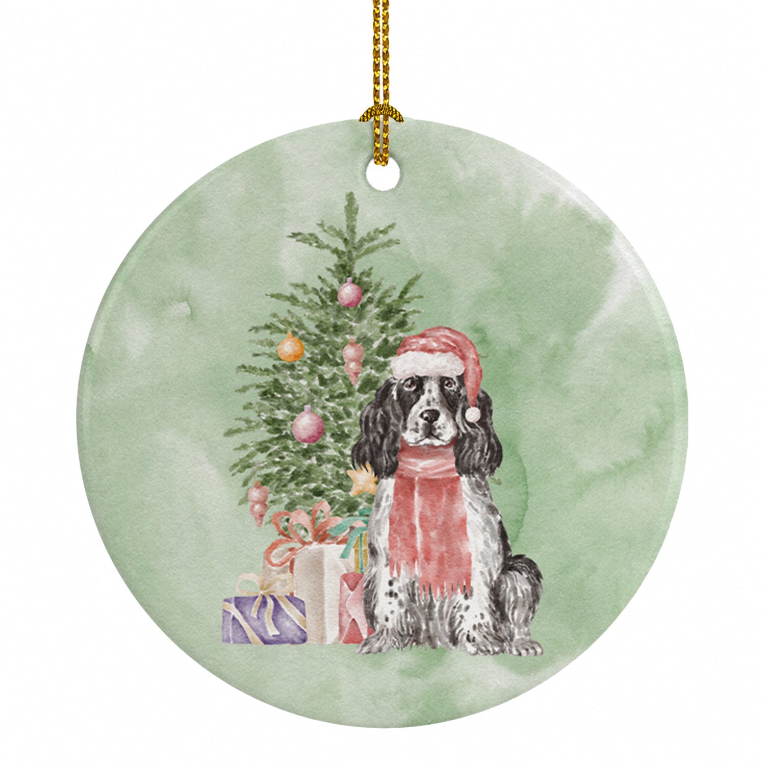 Cocker Spaniel English Black Parti Christmas Presents and Tree Ceramic Ornament Christmas Tree Hanging Decorations for Home Christmas Holiday, Party, Gift, 3 in, Multicolor