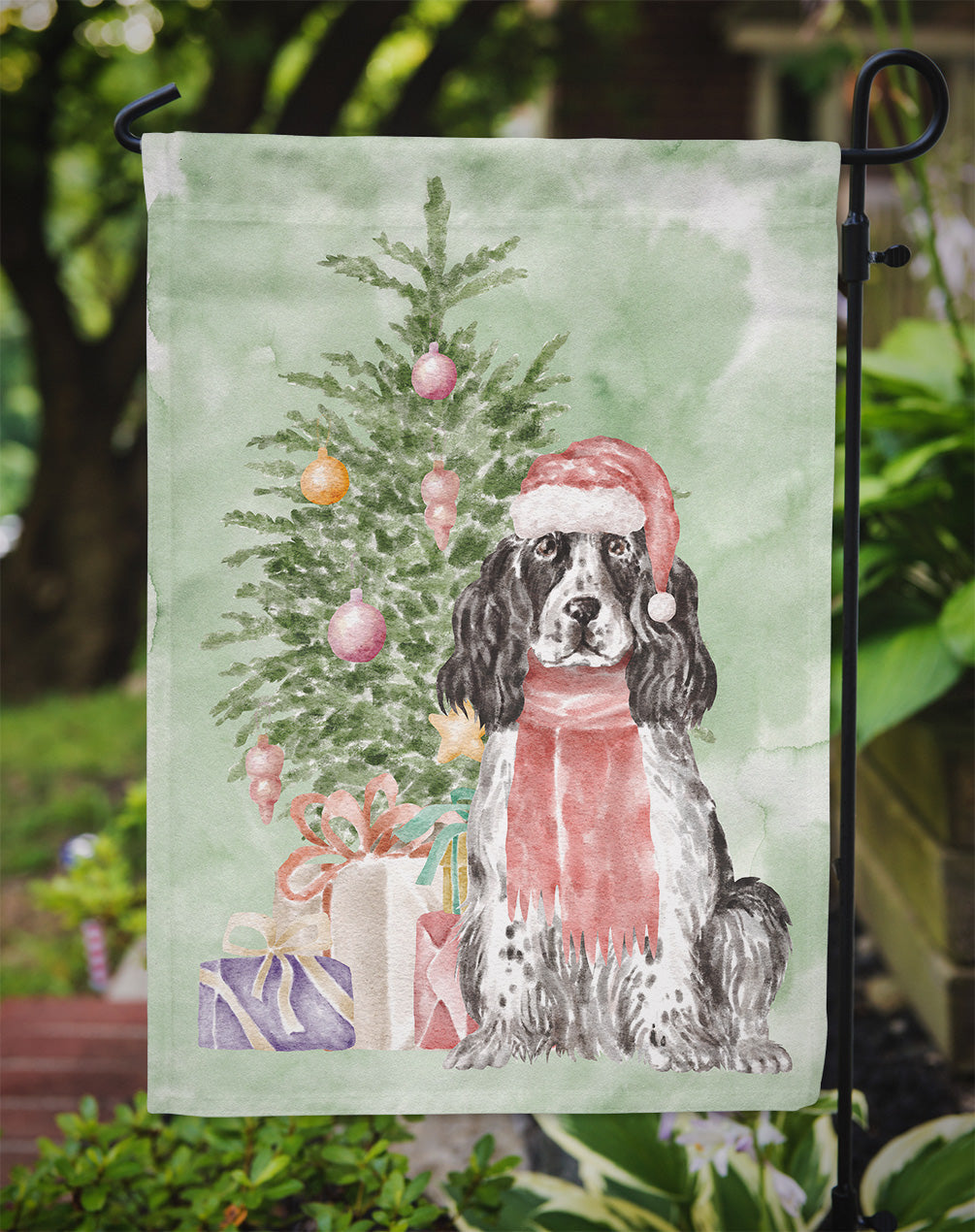 Cocker Spaniel English Black Parti Christmas Presents and Tree Garden Flag Mailbox Decorative Yard Banner Outside Patio Artwork for Flower Beds, Garden Size, Multicolor