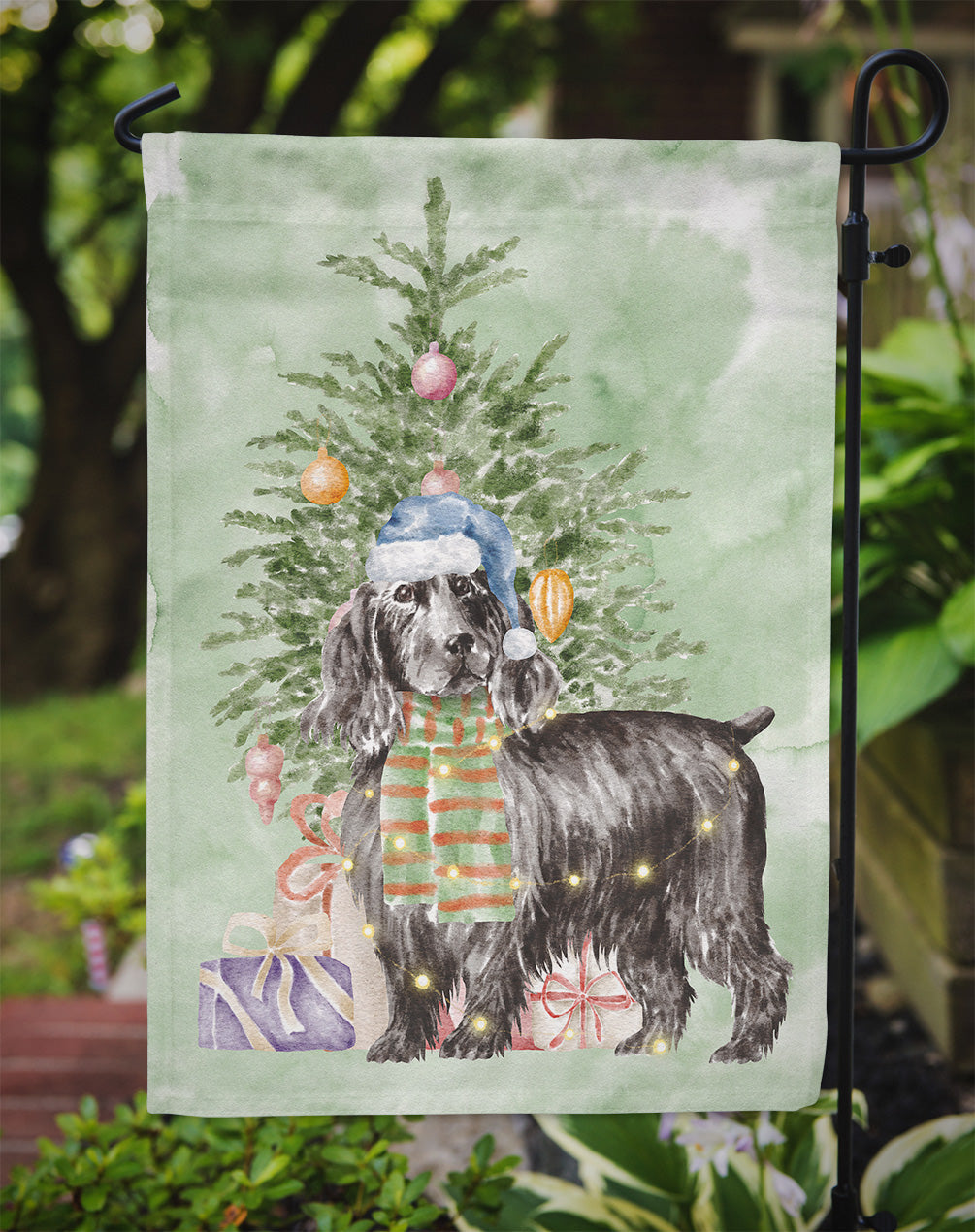 Cocker Spaniel English Black Christmas Presents and Tree Garden Flag Mailbox Decorative Yard Banner Outside Patio Artwork for Flower Beds, Garden Size, Multicolor