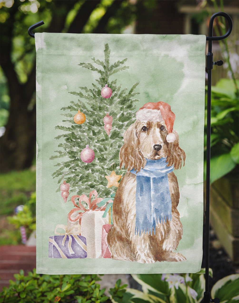 Cocker Spaniel English Tan Christmas Presents and Tree Garden Flag Mailbox Decorative Yard Banner Outside Patio Artwork for Flower Beds, Garden Size, Multicolor