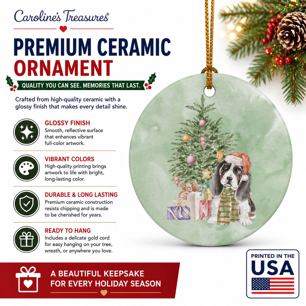 Basset Hound Puppy Christmas Presents and Tree Ceramic Ornament Christmas Tree Hanging Decorations for Home Christmas Holiday, Party, Gift, 3 in, Multicolor