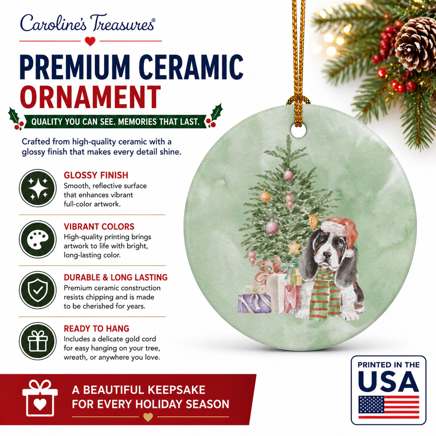 Basset Hound Puppy Christmas Presents and Tree Ceramic Ornament Christmas Tree Hanging Decorations for Home Christmas Holiday, Party, Gift, 3 in, Multicolor