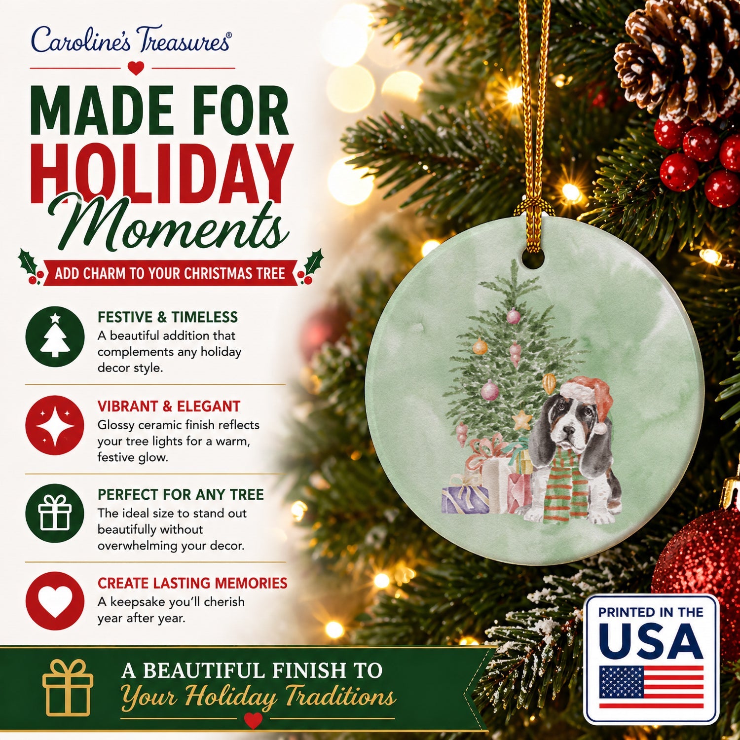 Basset Hound Puppy Christmas Presents and Tree Ceramic Ornament Christmas Tree Hanging Decorations for Home Christmas Holiday, Party, Gift, 3 in, Multicolor