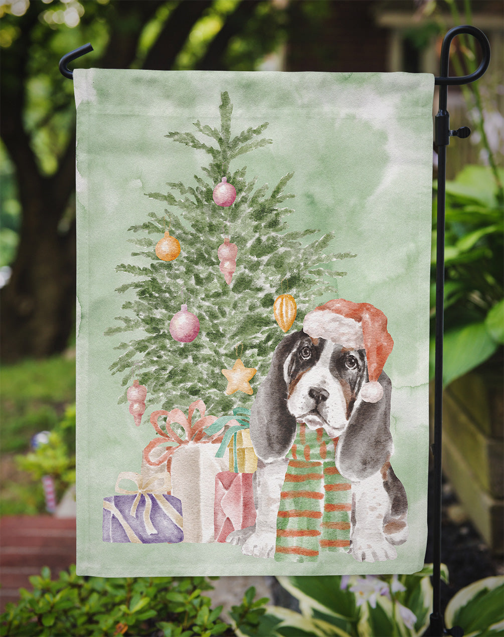 Basset Hound Puppy Christmas Presents and Tree Garden Flag Mailbox Decorative Yard Banner Outside Patio Artwork for Flower Beds, Garden Size, Multicolor