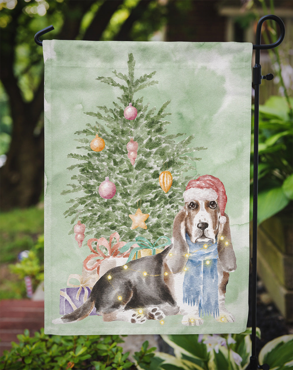 Basset Hound Christmas Presents and Tree Garden Flag Mailbox Decorative Yard Banner Outside Patio Artwork for Flower Beds, Garden Size, Multicolor