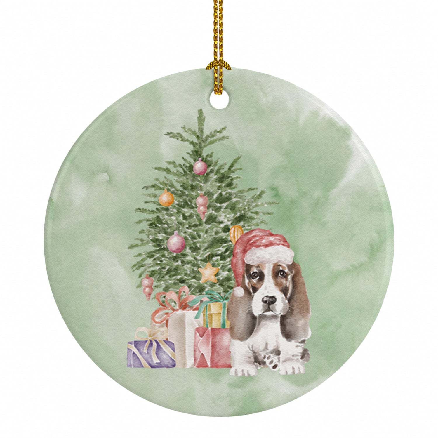 Basset Hound Puppy #2 Christmas Presents and Tree Ceramic Ornament Christmas Tree Hanging Decorations for Home Christmas Holiday, Party, Gift, 3 in, Multicolor
