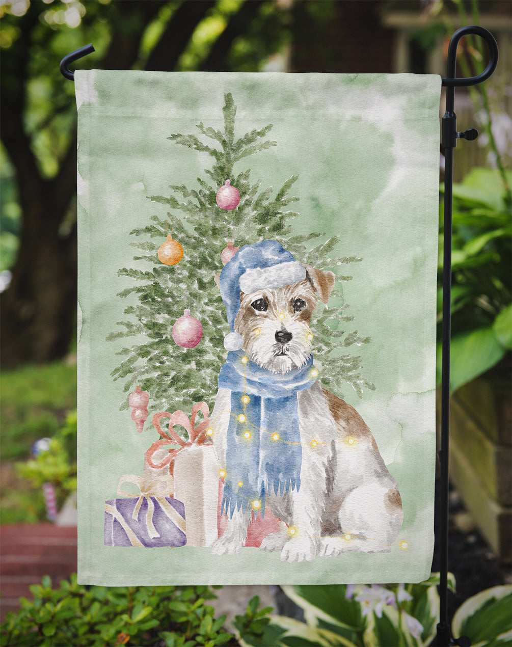 Jack Russell Terrier Wire Christmas Presents and Tree Garden Flag Mailbox Decorative Yard Banner Outside Patio Artwork for Flower Beds, Garden Size, Multicolor