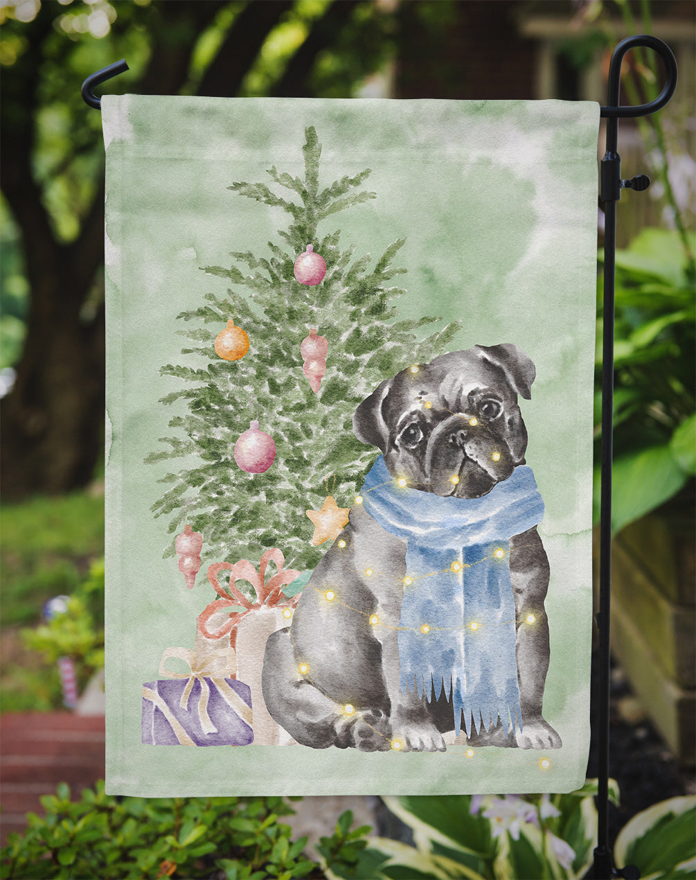 Pug Black Christmas Presents and Tree Garden Flag Mailbox Decorative Yard Banner Outside Patio Artwork for Flower Beds, Garden Size, Multicolor