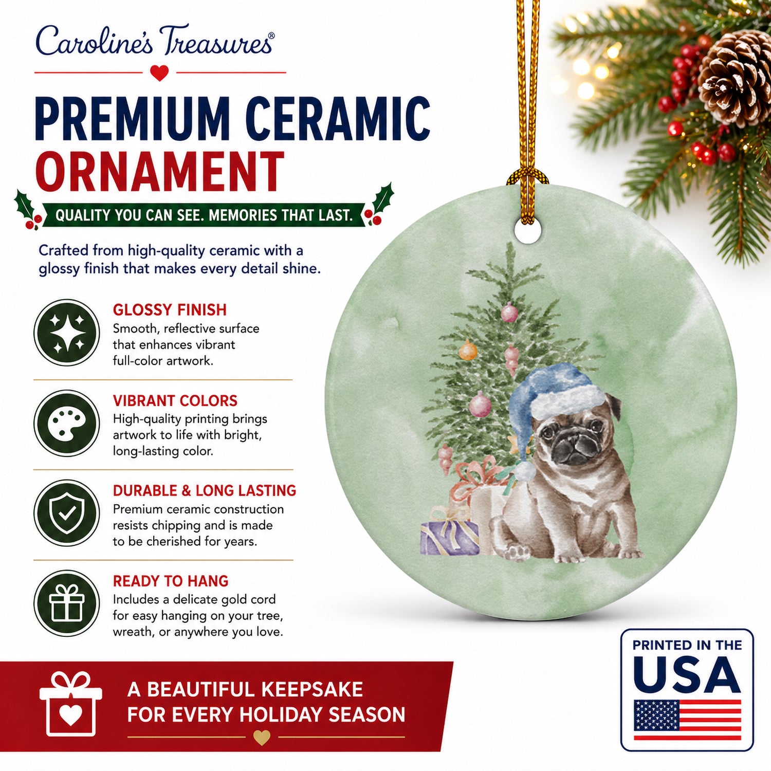 Pug Fawn Puppy Christmas Presents and Tree Ceramic Ornament Christmas Tree Hanging Decorations for Home Christmas Holiday, Party, Gift, 3 in, Multicolor