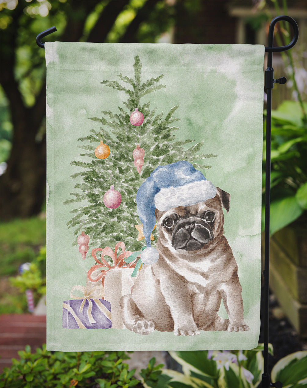 Pug Fawn Puppy Christmas Presents and Tree Garden Flag Mailbox Decorative Yard Banner Outside Patio Artwork for Flower Beds, Garden Size, Multicolor