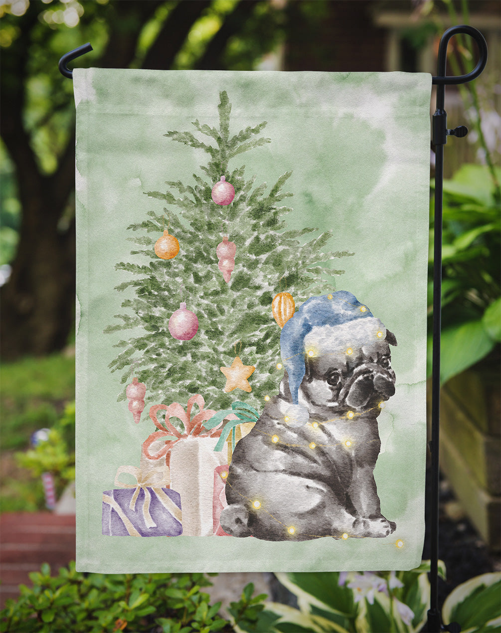 Pug Black Puppy Christmas Presents and Tree Garden Flag Mailbox Decorative Yard Banner Outside Patio Artwork for Flower Beds, Garden Size, Multicolor