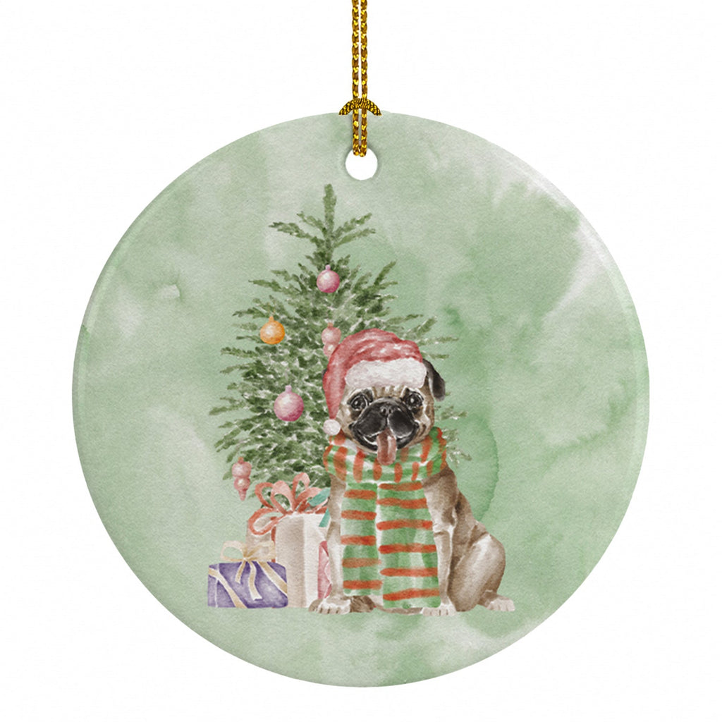 Pug Fawn Christmas Presents and Tree Ceramic Ornament Christmas Tree Hanging Decorations for Home Christmas Holiday, Party, Gift, 3 in, Multicolor