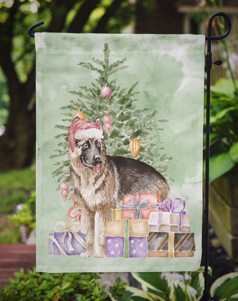 German Shepherd Christmas Presents and Tree Garden Flag Mailbox Decorative Yard Banner Outside Patio Artwork for Flower Beds, Garden Size, Multicolor