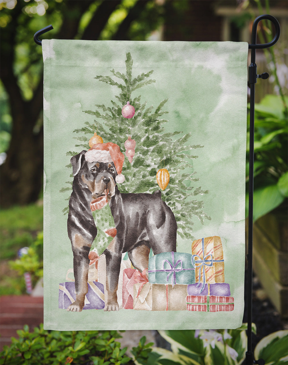 Rottweiler Christmas Presents and Tree Garden Flag Mailbox Decorative Yard Banner Outside Patio Artwork for Flower Beds, Garden Size, Multicolor