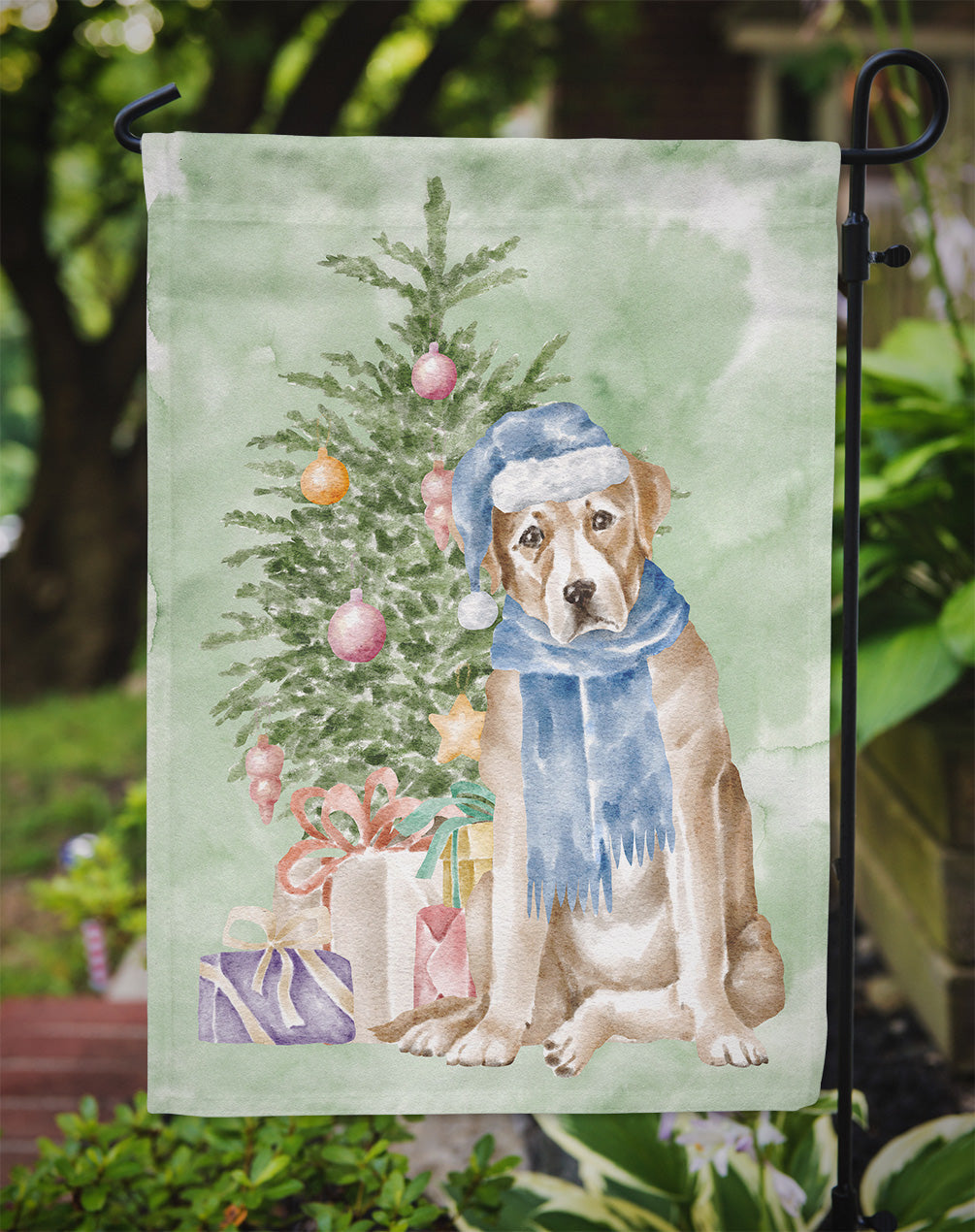 Labrador Retriever Yellow Christmas Presents and Tree Garden Flag Mailbox Decorative Yard Banner Outside Patio Artwork for Flower Beds, Garden Size, Multicolor