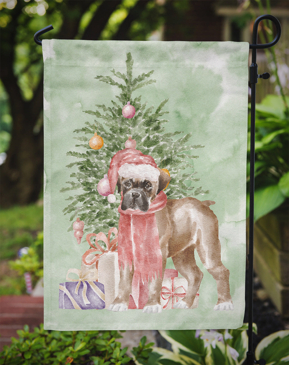 Boxer Puppy Christmas Presents and Tree Garden Flag Mailbox Decorative Yard Banner Outside Patio Artwork for Flower Beds, Garden Size, Multicolor