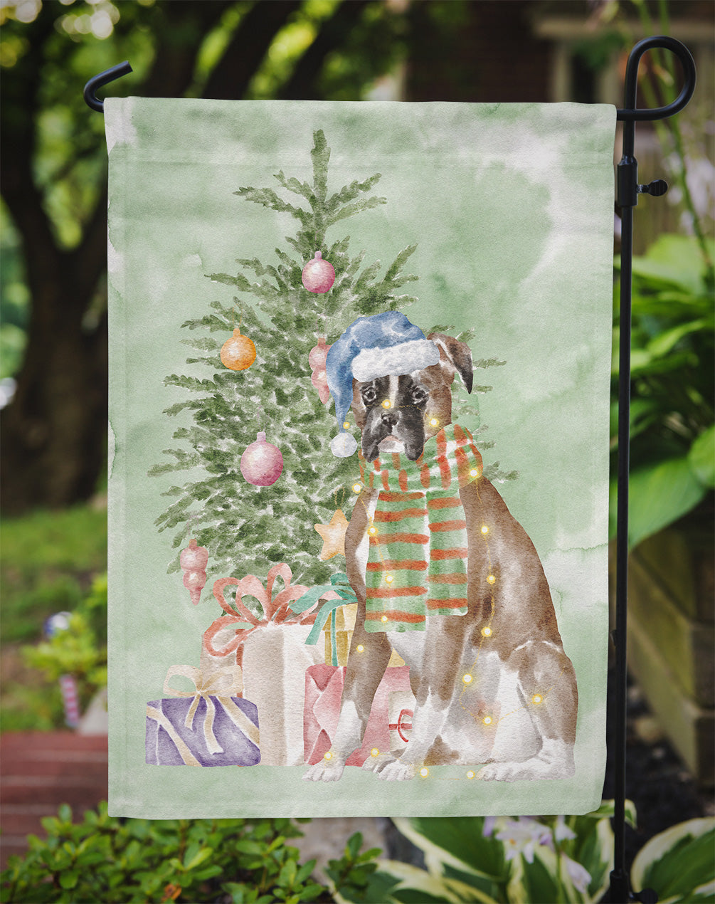 Boxer Christmas Presents and Tree Garden Flag Mailbox Decorative Yard Banner Outside Patio Artwork for Flower Beds, Garden Size, Multicolor