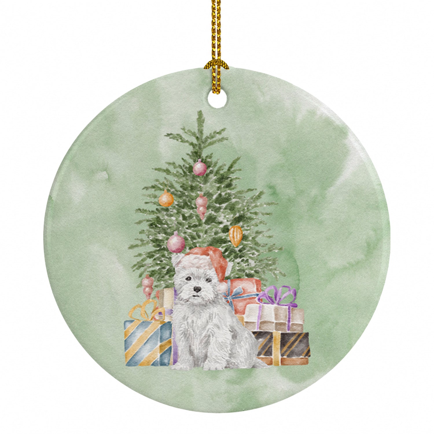 West Highland White Terrier Puppy Christmas Presents and Tree Ceramic Ornament Christmas Tree Hanging Decorations for Home Christmas Holiday, Party, Gift, 3 in, Multicolor