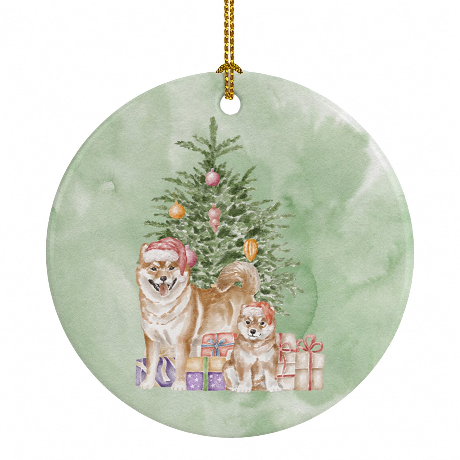 Shiba Inu Momma and Baby Christmas Presents and Tree Ceramic Ornament Christmas Tree Hanging Decorations for Home Christmas Holiday, Party, Gift, 3 in, Multicolor