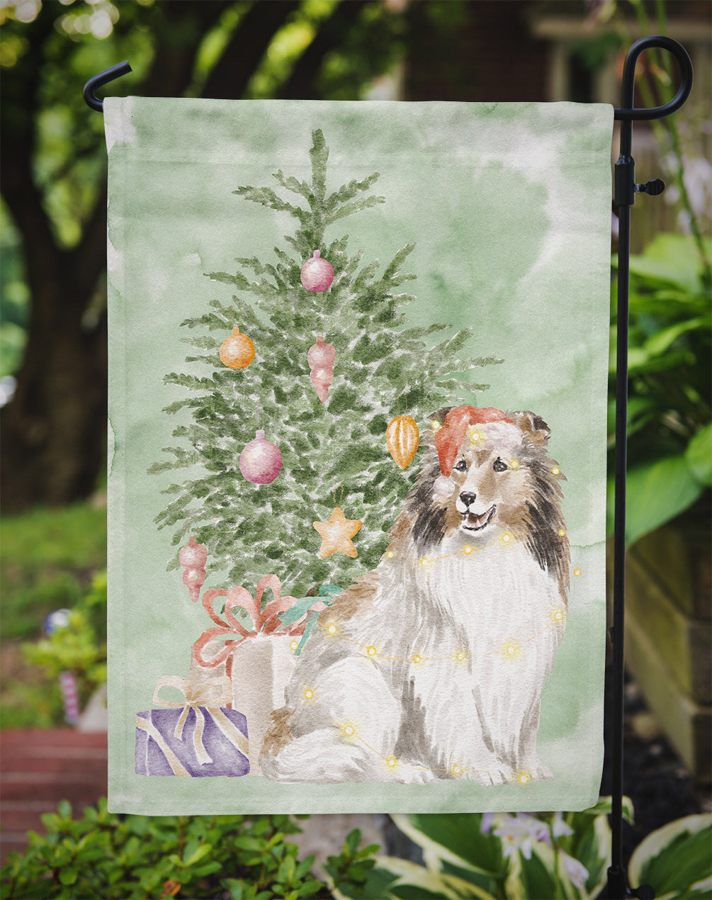 Sheltie Christmas Presents and Tree Garden Flag Mailbox Decorative Yard Banner Outside Patio Artwork for Flower Beds, Garden Size, Multicolor