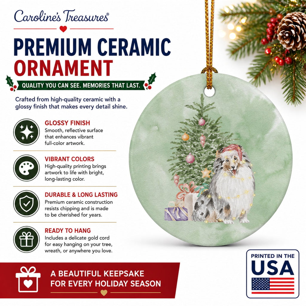 Sheltie Merle Christmas Presents and Tree Ceramic Ornament Christmas Tree Hanging Decorations for Home Christmas Holiday, Party, Gift, 3 in, Multicolor