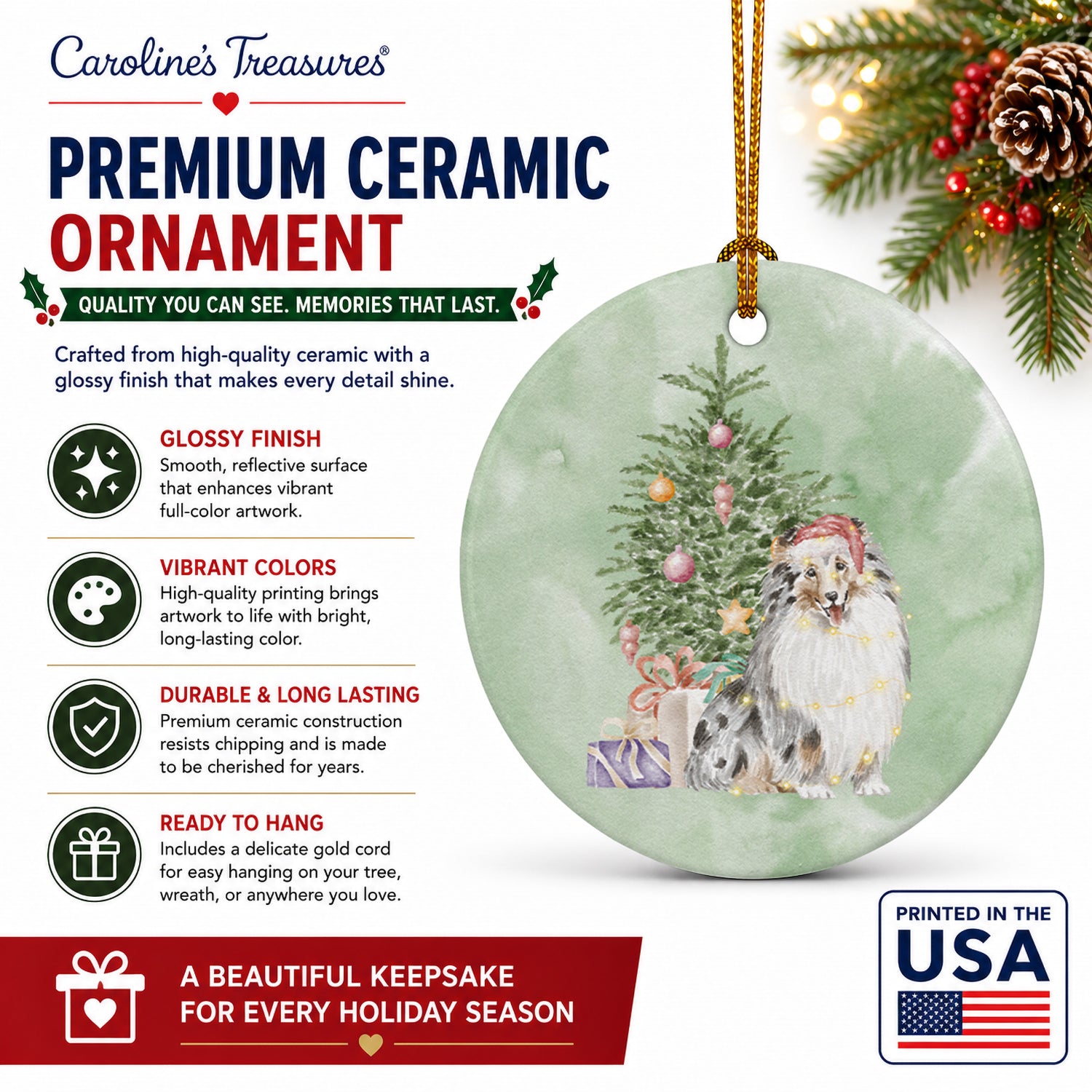 Sheltie Merle Christmas Presents and Tree Ceramic Ornament Christmas Tree Hanging Decorations for Home Christmas Holiday, Party, Gift, 3 in, Multicolor