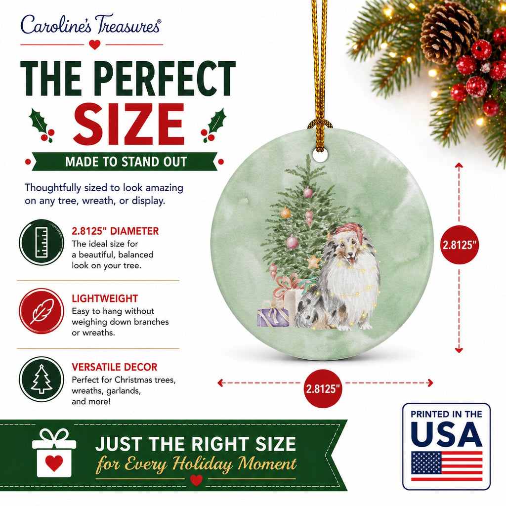Sheltie Merle Christmas Presents and Tree Ceramic Ornament Christmas Tree Hanging Decorations for Home Christmas Holiday, Party, Gift, 3 in, Multicolor