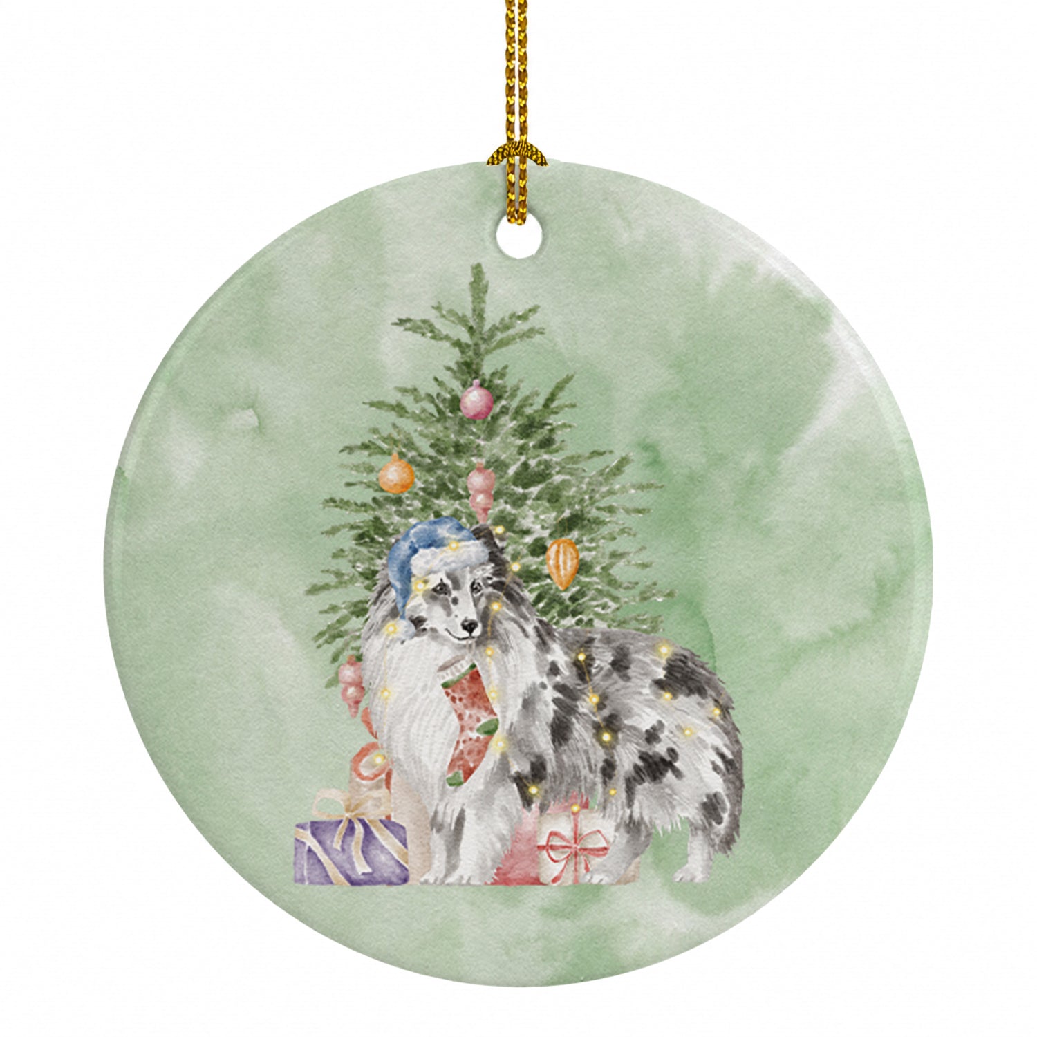 Sheltie Blue Merle Christmas Presents and Tree Ceramic Ornament Christmas Tree Hanging Decorations for Home Christmas Holiday, Party, Gift, 3 in, Multicolor