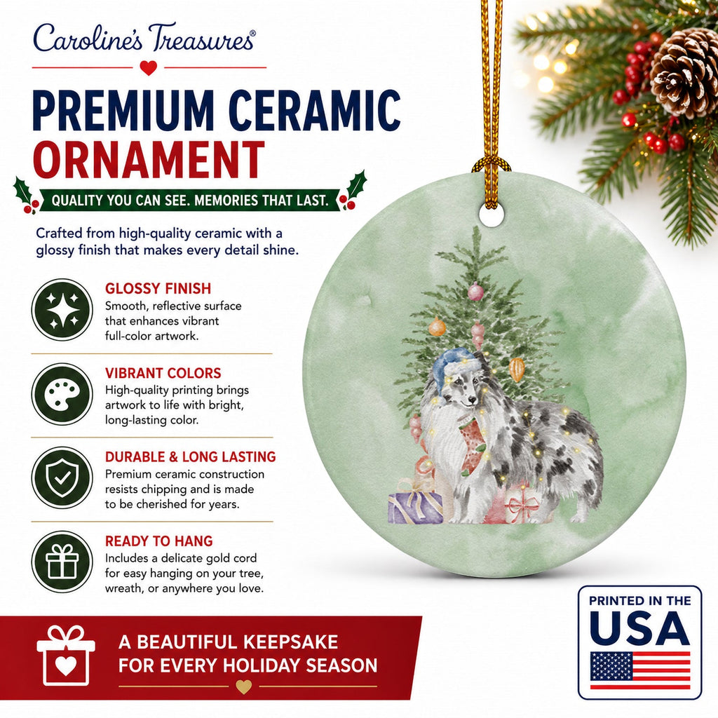 Sheltie Blue Merle Christmas Presents and Tree Ceramic Ornament Christmas Tree Hanging Decorations for Home Christmas Holiday, Party, Gift, 3 in, Multicolor