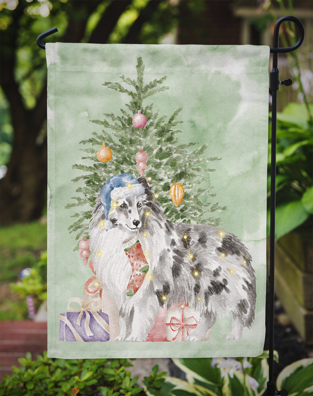 Sheltie Blue Merle Christmas Presents and Tree Garden Flag Mailbox Decorative Yard Banner Outside Patio Artwork for Flower Beds, Garden Size, Multicolor