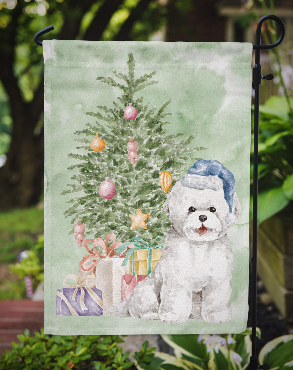 Bichon Frise Blue Hat Christmas Presents and Tree Garden Flag Mailbox Decorative Yard Banner Outside Patio Artwork for Flower Beds, Garden Size, Multicolor