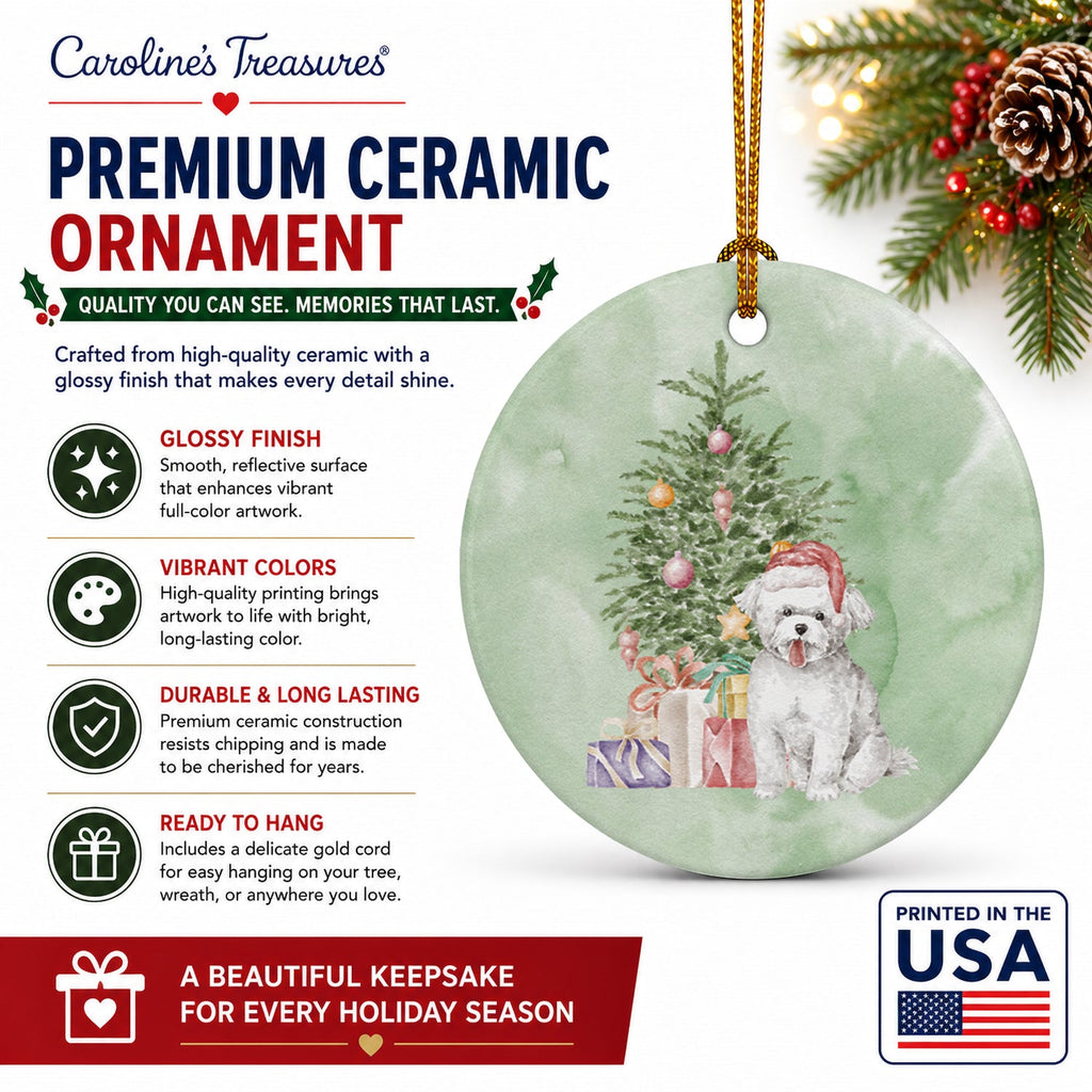 Bichon Frise Puppy Christmas Presents and Tree Ceramic Ornament Christmas Tree Hanging Decorations for Home Christmas Holiday, Party, Gift, 3 in, Multicolor