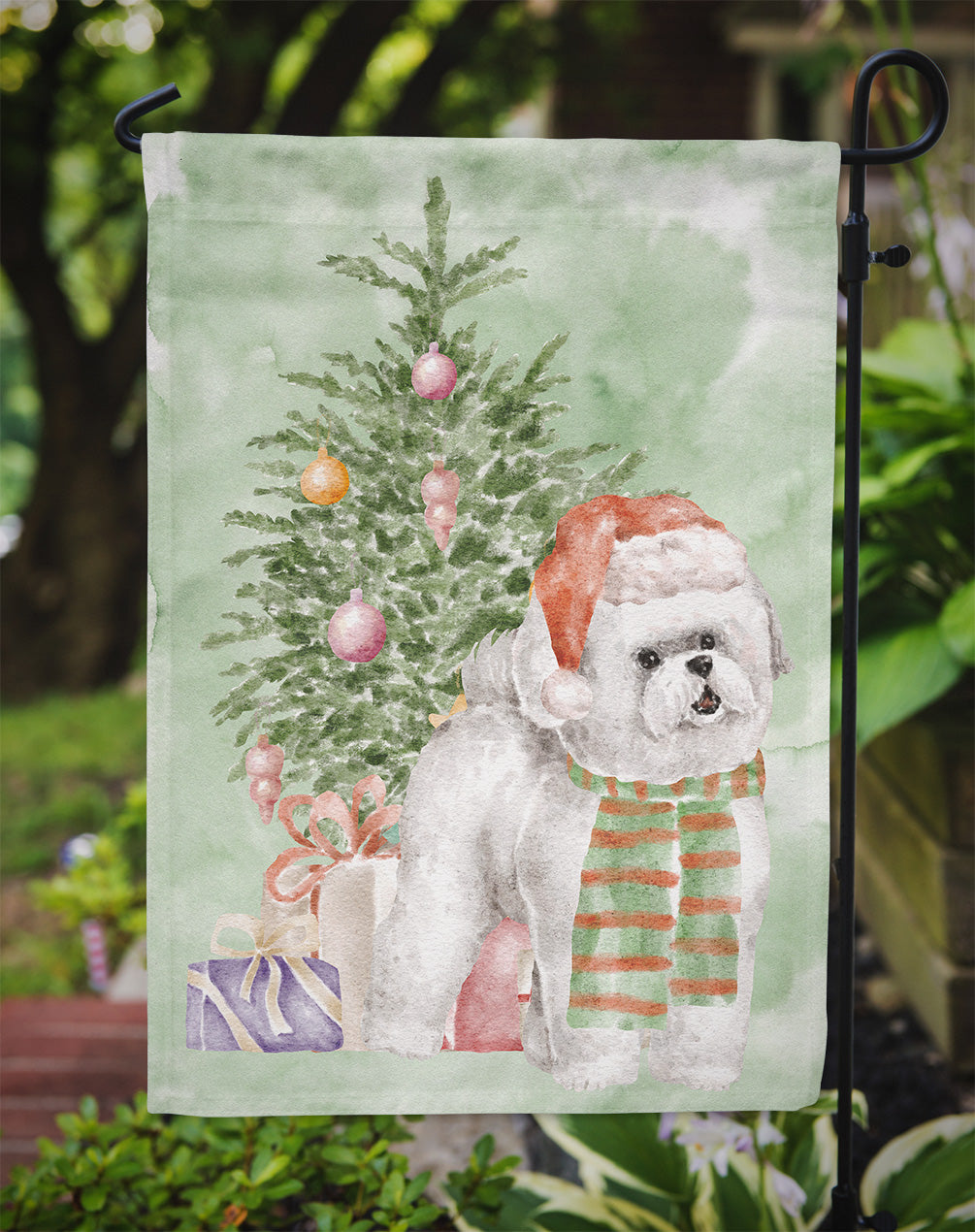 Bichon Frise Red Hat Christmas Presents and Tree Garden Flag Mailbox Decorative Yard Banner Outside Patio Artwork for Flower Beds, Garden Size, Multicolor