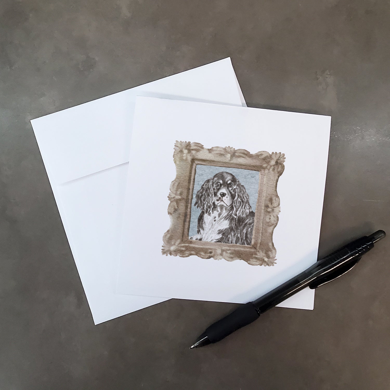 English Springer Spaniel Black White Front View 2 Pretty as a Picture Square Greeting Cards and Envelopes Pack of 8 Blank Cards with Envelopes Blank Thank You Note Greeting Cards Stationery