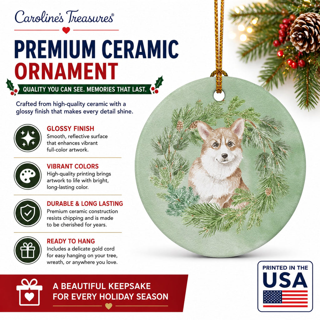 Corgi Red Christmas Wreath Ceramic Ornament Christmas Tree Hanging Decorations for Home Christmas Holiday, Party, Gift, 3 in, Multicolor