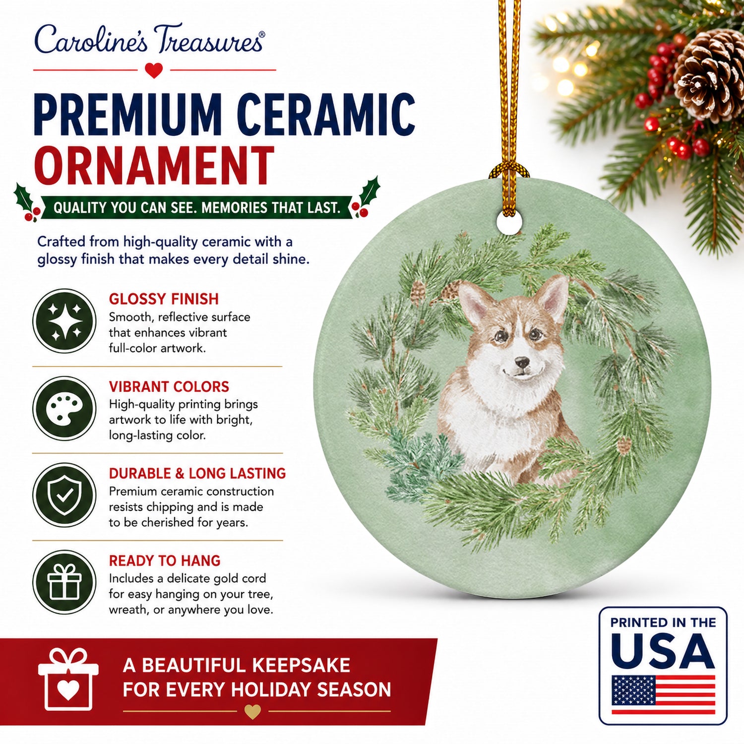Corgi Red Christmas Wreath Ceramic Ornament Christmas Tree Hanging Decorations for Home Christmas Holiday, Party, Gift, 3 in, Multicolor